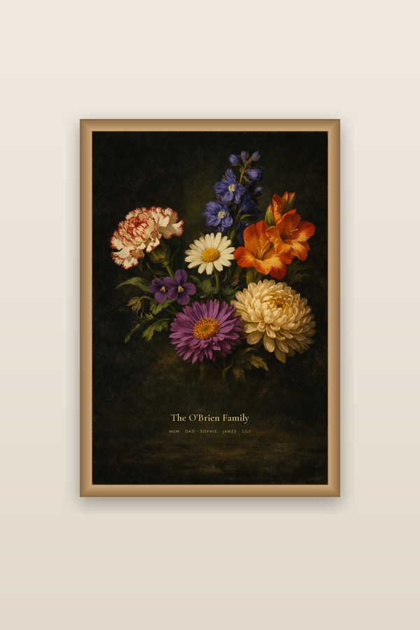 Old Masters framed birth flower family print