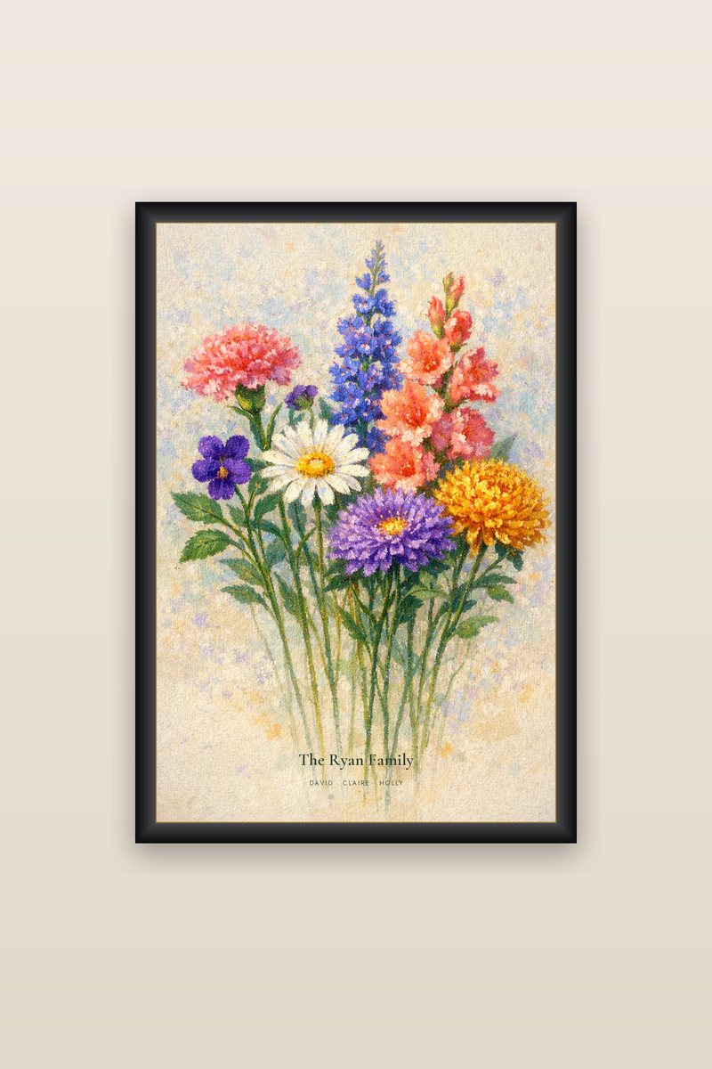 Shimmer framed birth flower family print